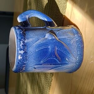 Antique Early A. E. Hull Flying Bird Blue White Stoneware Salt Glaze Mug
